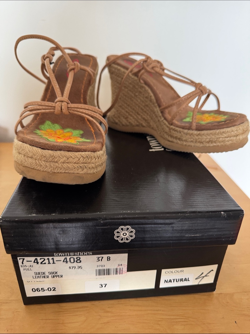 Natural Tan Espadrille Wedge Sandals with Floral Insole - Women